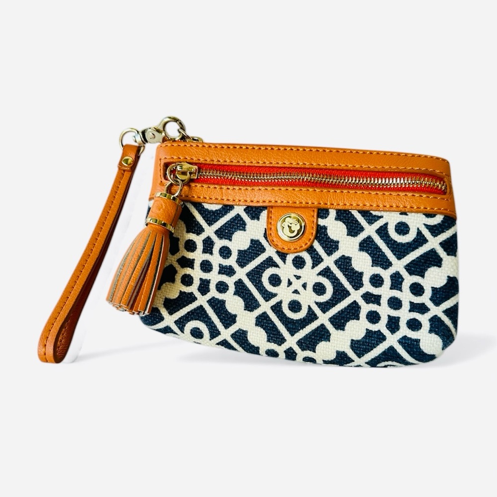 NWOT Rare‼️Spartina German Design Orange/Navy Patterned Wristlet Leather Accents
